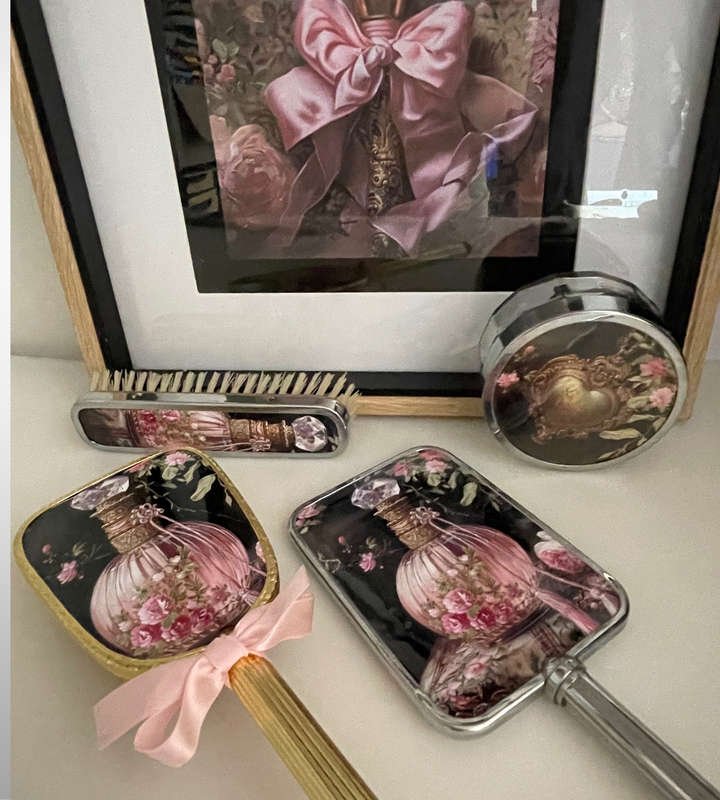 Restored Vintage Vanity Set - Hand Mirror, Brushes & Glass Jar with Black and Pink Coquette Décor
