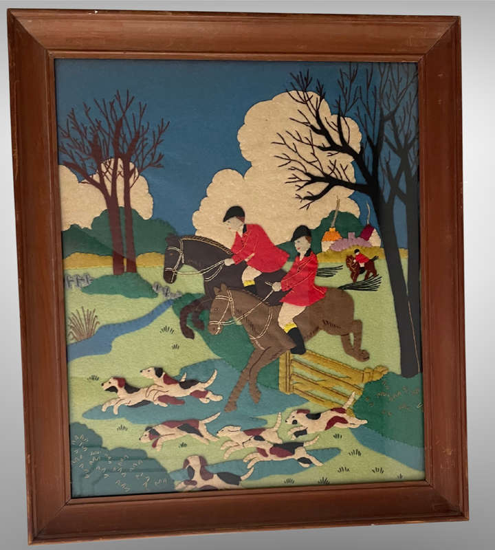 1930s Framed Felt Appliqué Artwork  "The Hunt"  Equestrian & Hound Scene  Wool Felt  54cm x 47cm