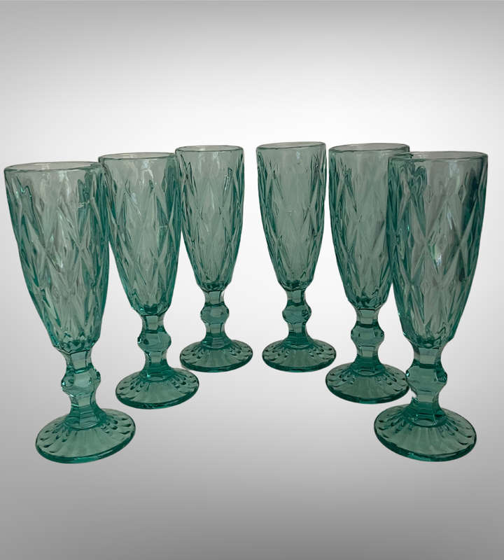 Set of 6 Green Champagne Flutes | 300ml Diamond Pattern Pressed Glass | Vintage Style | Used