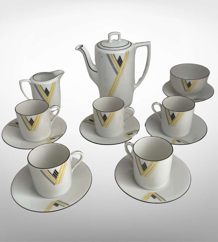 Vintage 1930s Art Deco Fine Porcelain Coffee/Tea Set  MZ Altrohlau & Protea China, Yellow and Blac