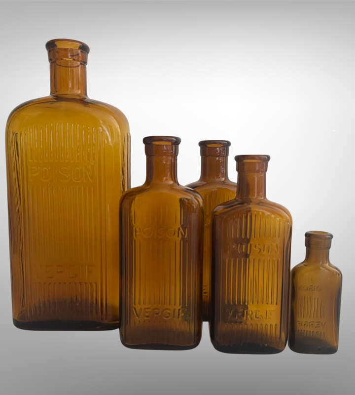 Vintage Amber Glass POISON | VERGIF Bottles  Set of 5  Bargain Clearance!