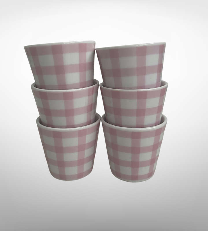 Set of 6 Pink Plaid Ceramic Small Espresso Cups  Cottagecore Charm