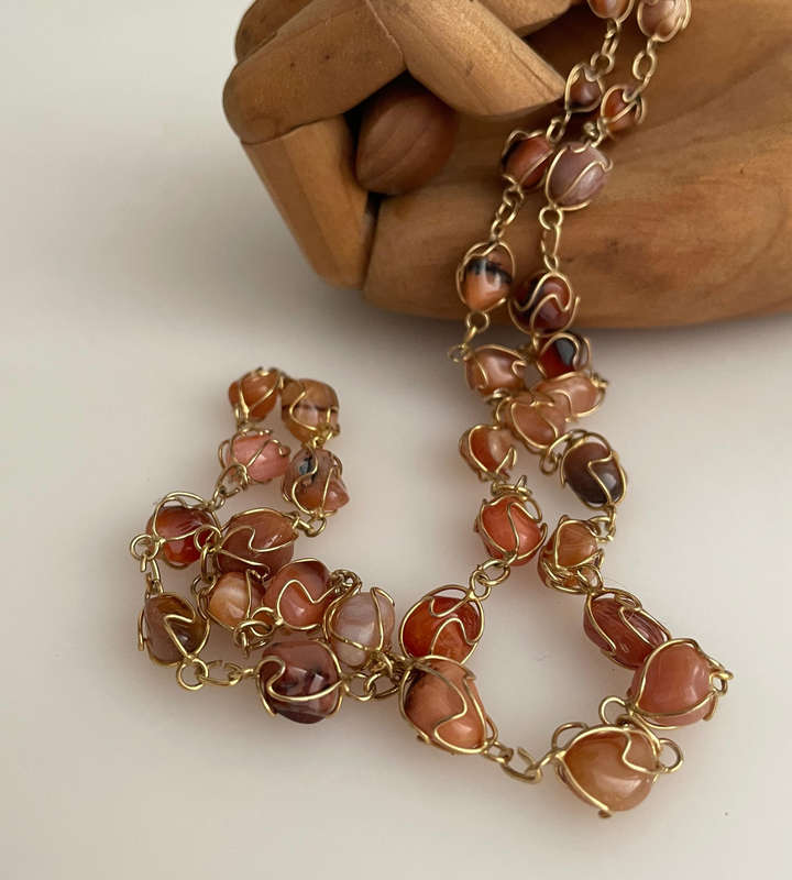 1970s Natural Carnelian Wire-Wrapped Bead Necklace  Brass Tone  Approx. 40cm  Vintage Used