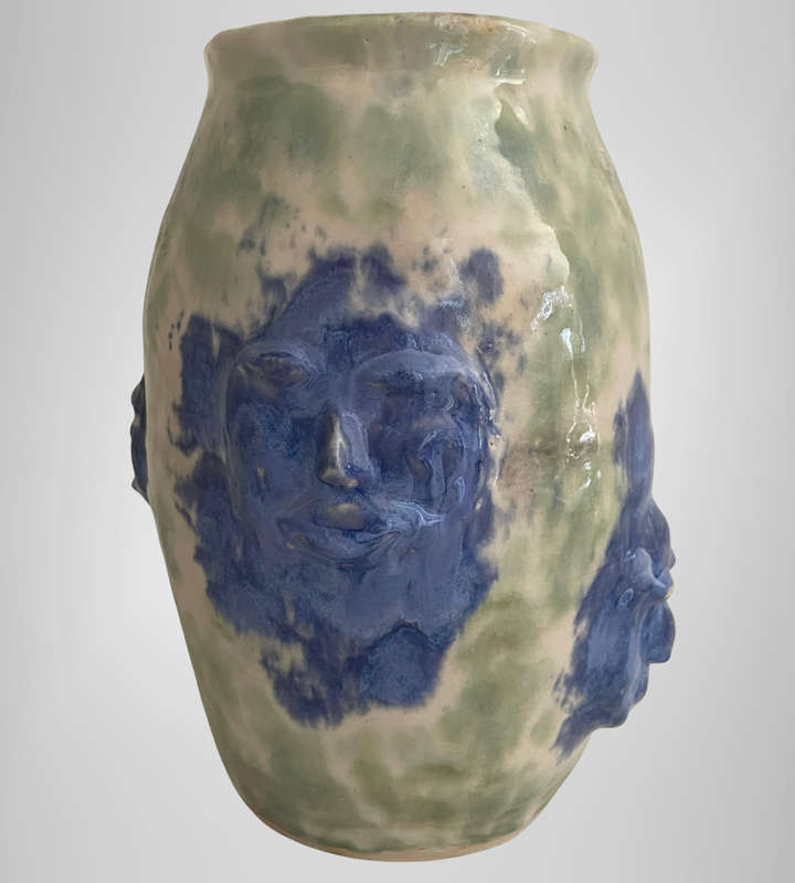 Unique Unmarked Stoneware Vase  Four Faces  Super Heavy Glaze  Brutalist Pottery- Studio Pottery