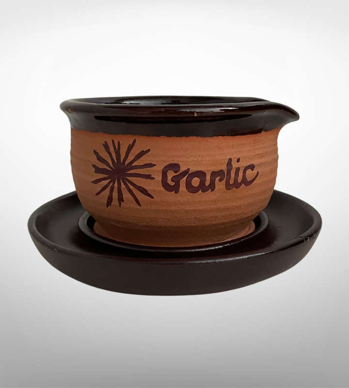 R1 Start - Terracotta Pottery Garlic or Sauce Bowl with Saucer  Brown Glazed
