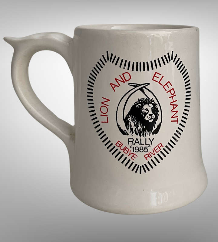 Rare 1985 Lion and Elephant Rally Ceramic Beer Mug  Norbel Zimbabwe  Bubye River