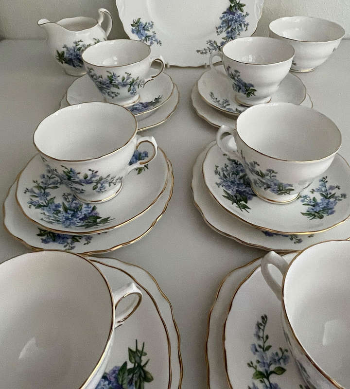 Vintage Royal Vale 21-Piece Bone China Tea Set  Blue Floral, Ridgway Potteries 1962