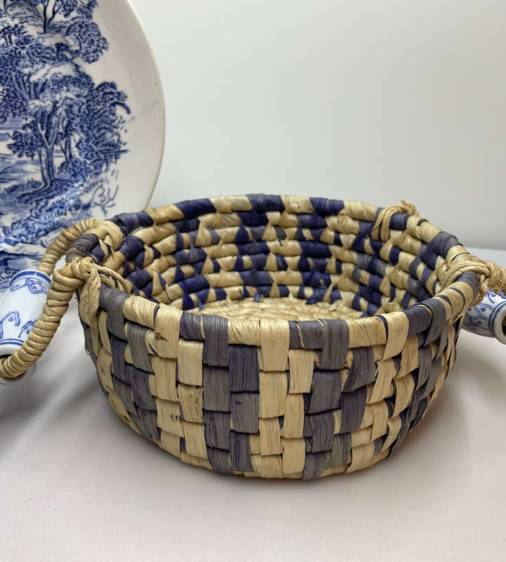 Heavy Scandinavian Blue Pottery Bowl & Vintage Handwoven Straw Basket with Ceramic Handles