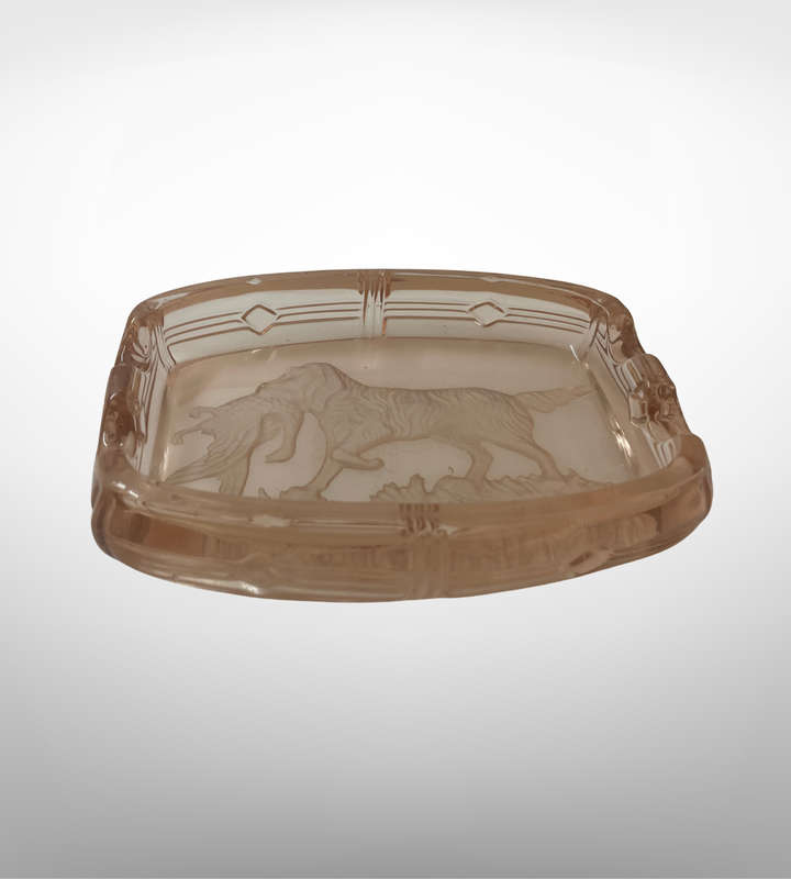 1930s Czech Art Deco Pink Intaglio Glass Ashtray  Hunting Dog Design