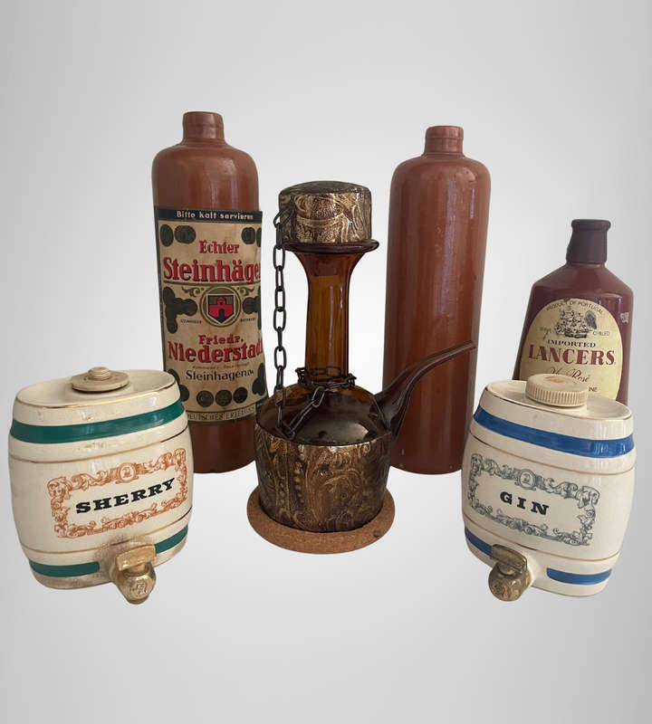 Man Cave Bar Décor Lot  Vintage Lancers Wine, Antique Steinhäger Bottles, Wade Gin & Sherry Barrels