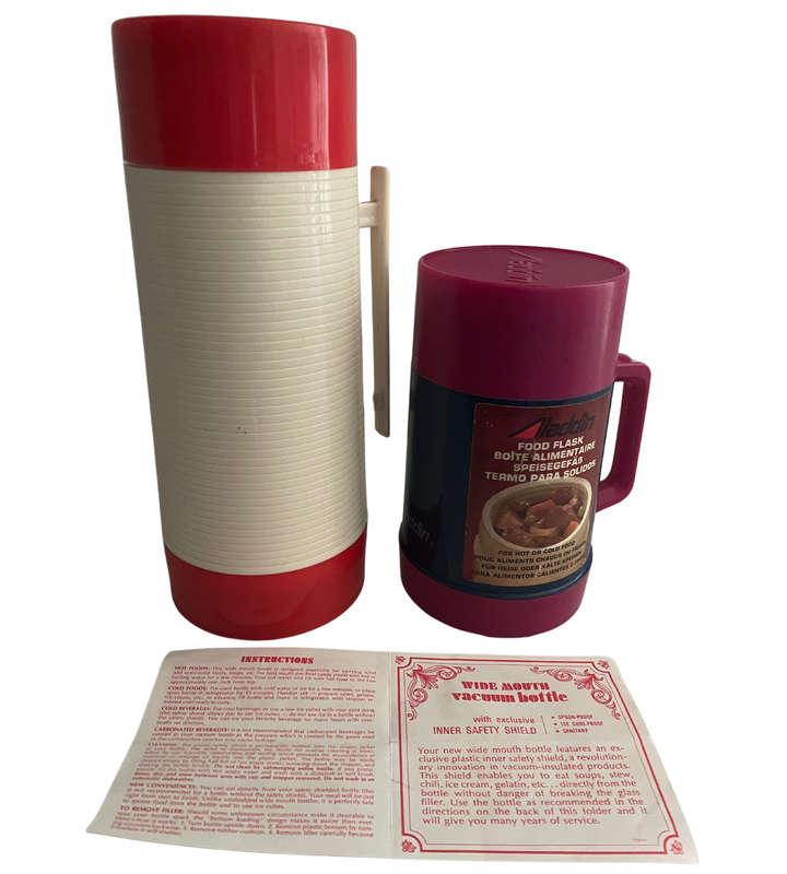 2x Vintage 1970s-80s Aladdin HY-LO Wide Mouth Thermos Flasks  Collectible Retro Pieces