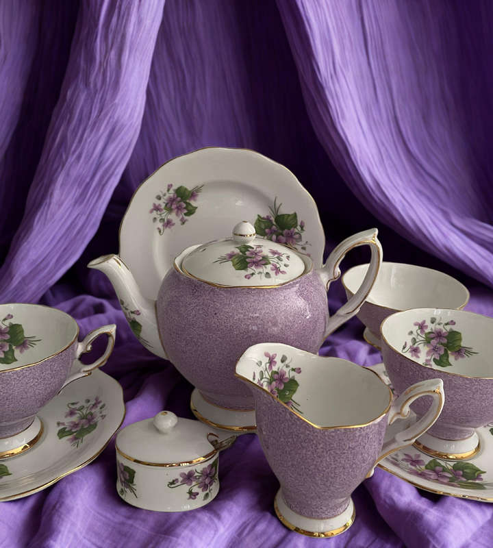 Rare 1949 Royal Standard Fine Bone China Tea Set - Purple Floral Pattern with Violet