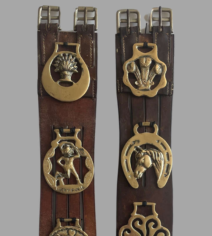 Vintage Genuine Leather South African Police Horse Straps with 10 Brass Medallions  70 cm