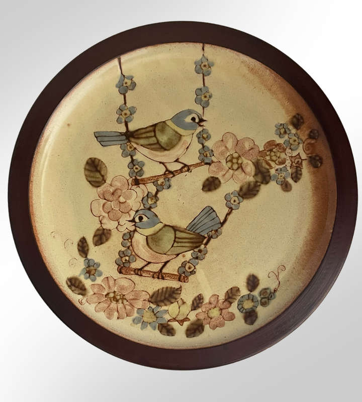 Vintage Shino-Style Studio Stoneware Serving Platter  Birds & Floral Motif (35.5cm) c1970's