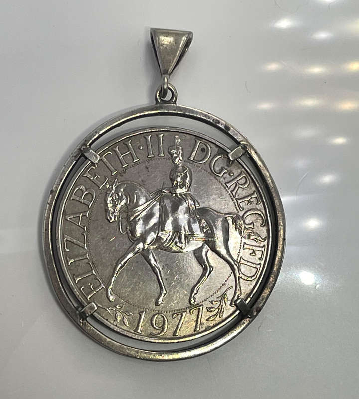 1977 Queen Elizabeth II Coin Pendant  35g, Marked Silver  Large 60mm Statement Piece
