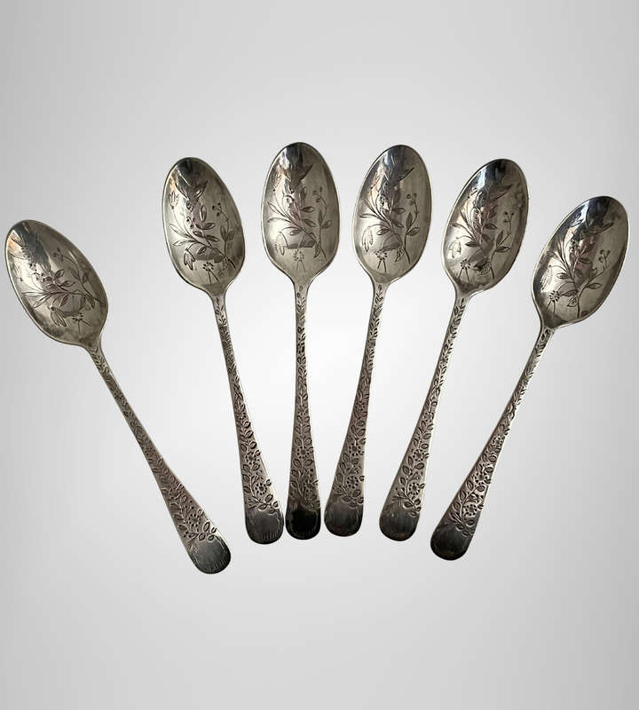 Set of 6 Antique Silver-Plated Teaspoons  John Round & Son  Pre-1874  Hand-Engraved Bird & Floral