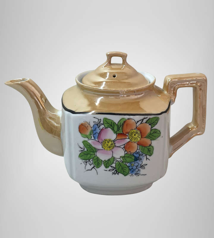 Vintage Mid-Century Peach Iridescent Lusterware Teapot  Floral Panel  Circa 1940s50s  Unmarked
