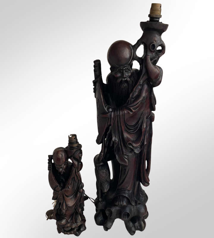 Antique Japan Meiji Period Ironwood Okimono Lamps (Set of 2)  Hand-Carved Shou Lao Statues, Large &