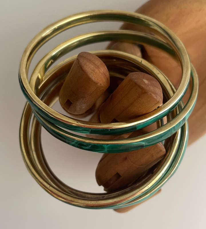 1970s Hand Made Congo Malachite & Brass Bangles - Banded Flower Malachite - Sold Per Piece