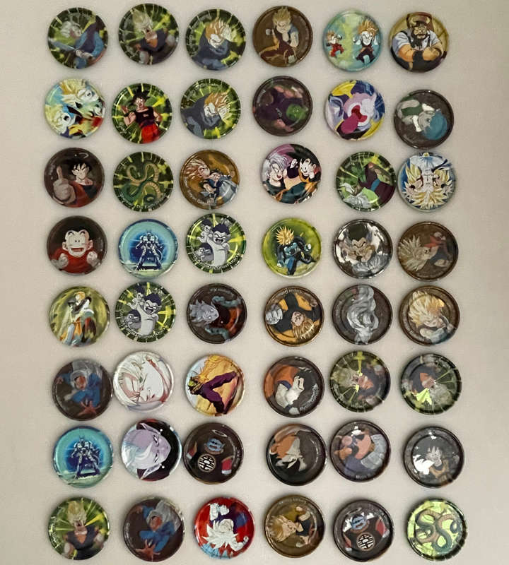 Lot of 48 Vintage Metal Dragon Ball Z Tazos - Silver, Gold & Click Tazos - Some Duplicates