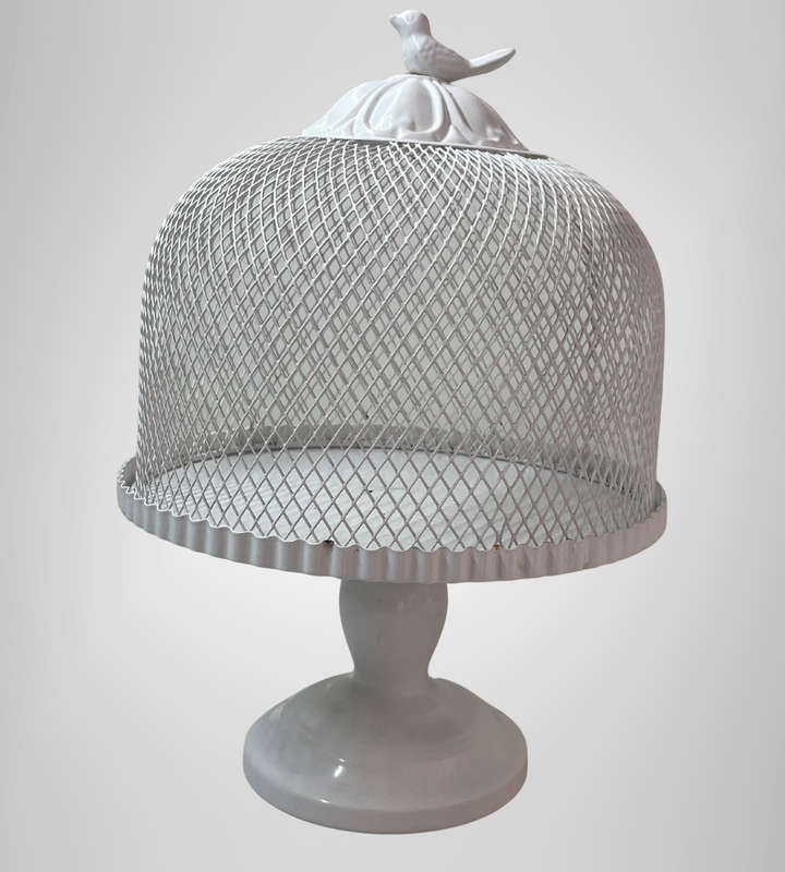 White Metal Cake Stand with Bird-Top Mesh Cover  25cm Wide