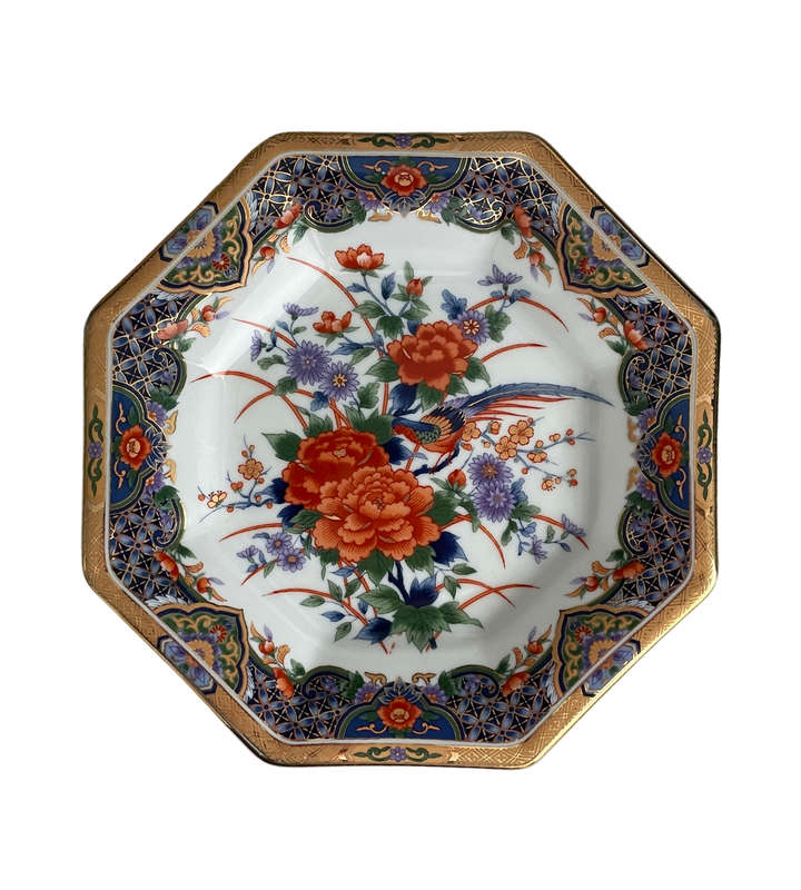 Vintage 1979 Japanese Mashiko Porcelain Octagonal Plate with Peacock Design by Eiwa Japan