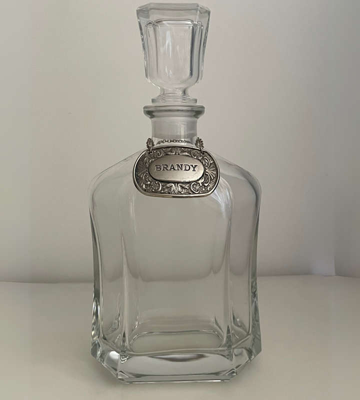 Capitol 750ml Hexagonal Glass Decanter with Stopper | 2 Silverplate Ianthe Decanter Labels