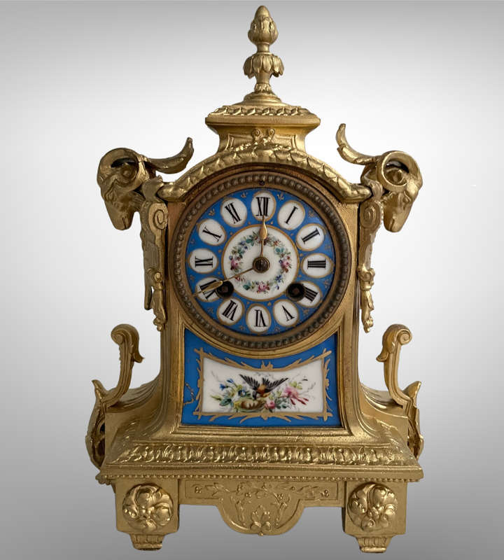 Heavy Antique French Gilt Mantel Clock with Porcelain Panels  Marked Henry Marc, Paris