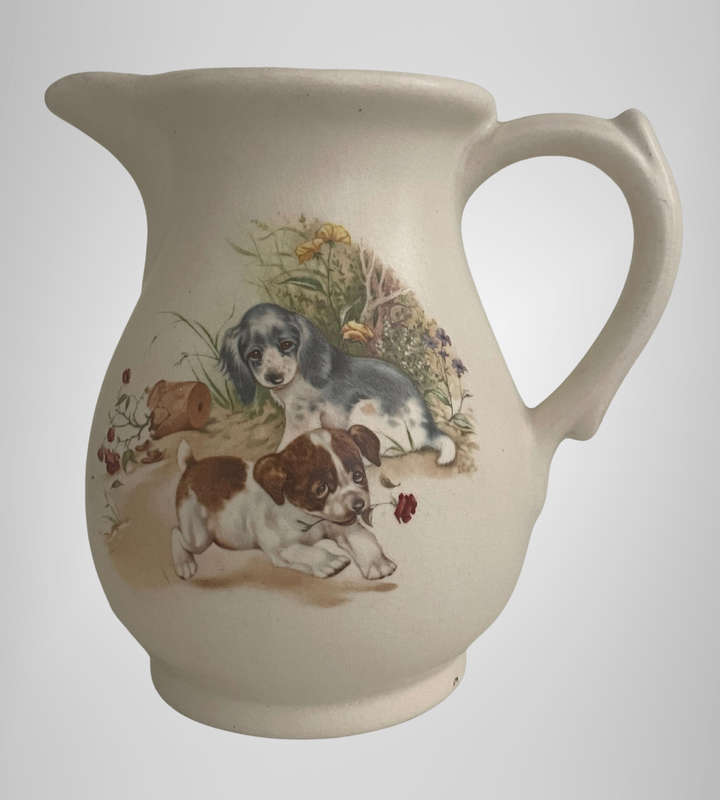 Vintage Ceramic Milk Jug  Ashdale Style  Puppy Motif  16cm  Crazed Glaze