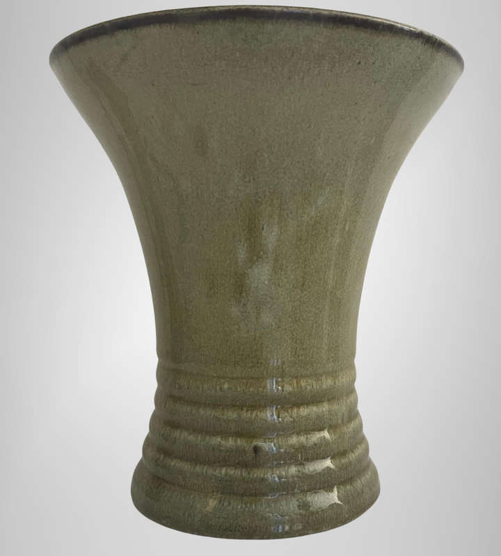 Heavy Vintage Studio Pottery Vase  Drip Green Glaze Ribbed Base  20cm High  Unmarked Art Pottery