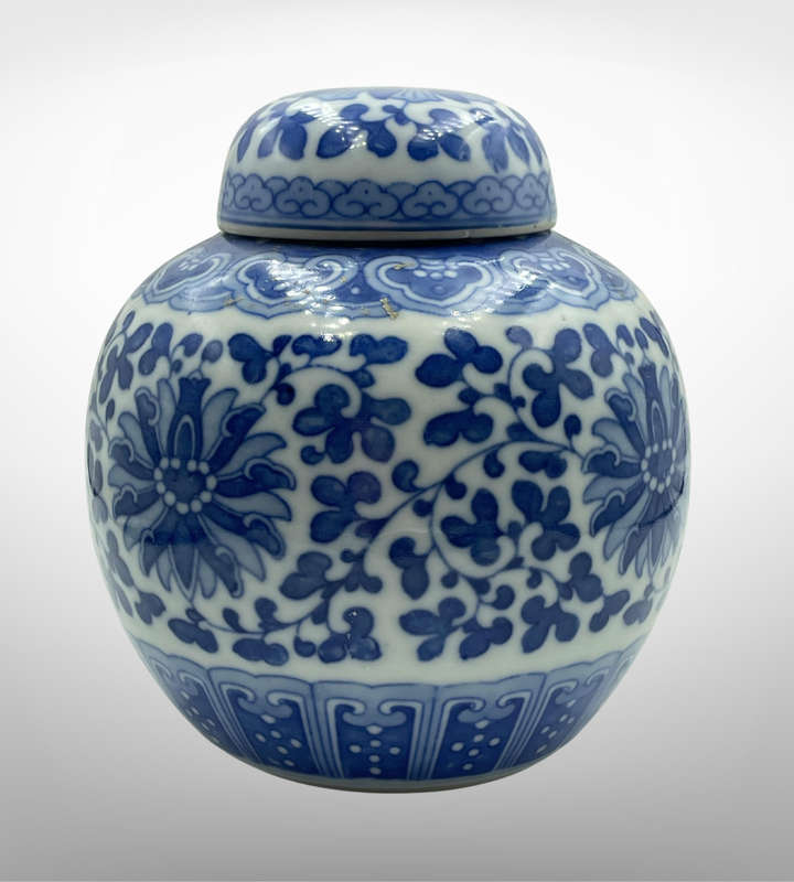Antique Chinese Blue & White Ginger Jar  Hand-Painted Bao Xiang Hua Lotus Peony Scroll  12cm