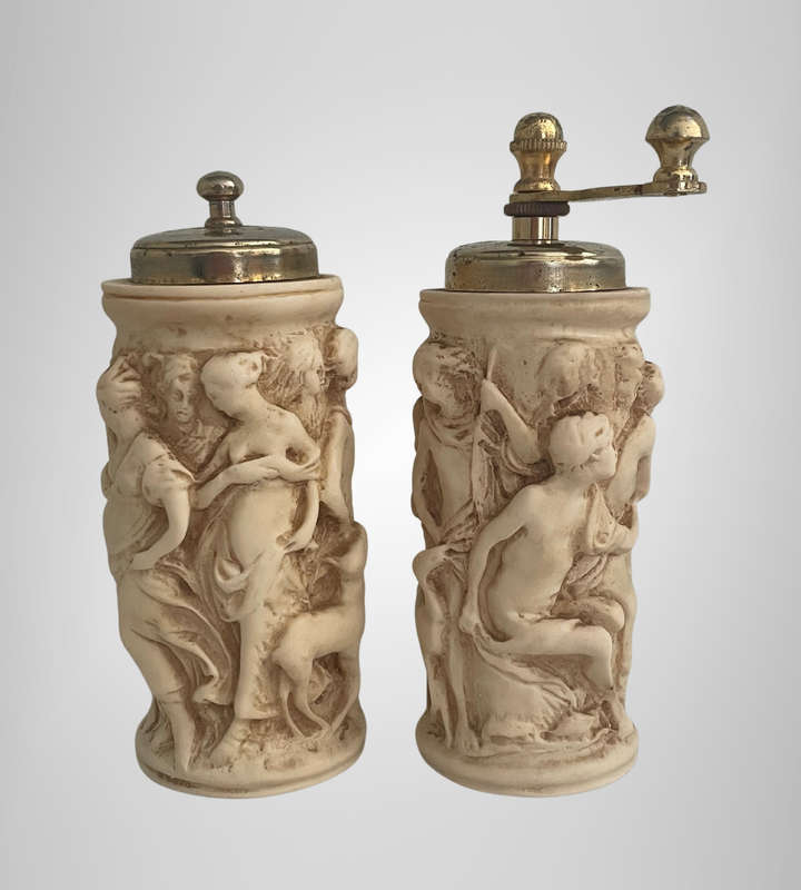 Vintage Italian Resin Salt Shaker & Acciaio Temperato Pepper Mill  Classical Relief Design  Made i