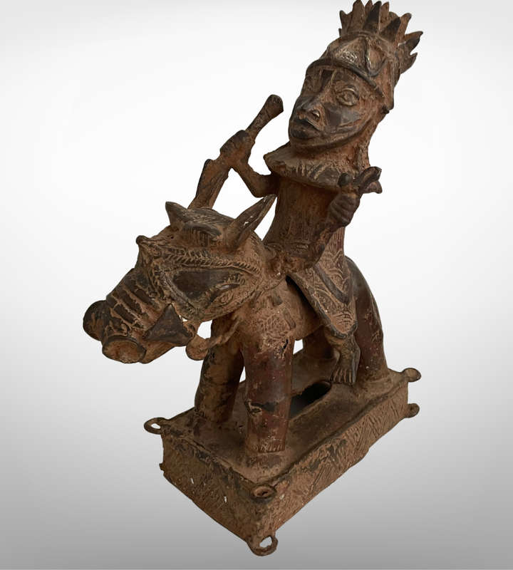Rare Antique Benin Bronze Warrior on Horse | African Tribal Art | Cavalier Sculpture