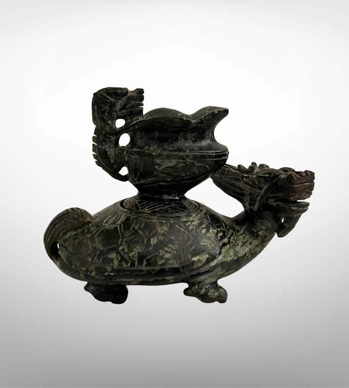 Vintage Hand-Carved Serpentine Incense Burner  Foo Dog & Turtle Design   Repair Detail