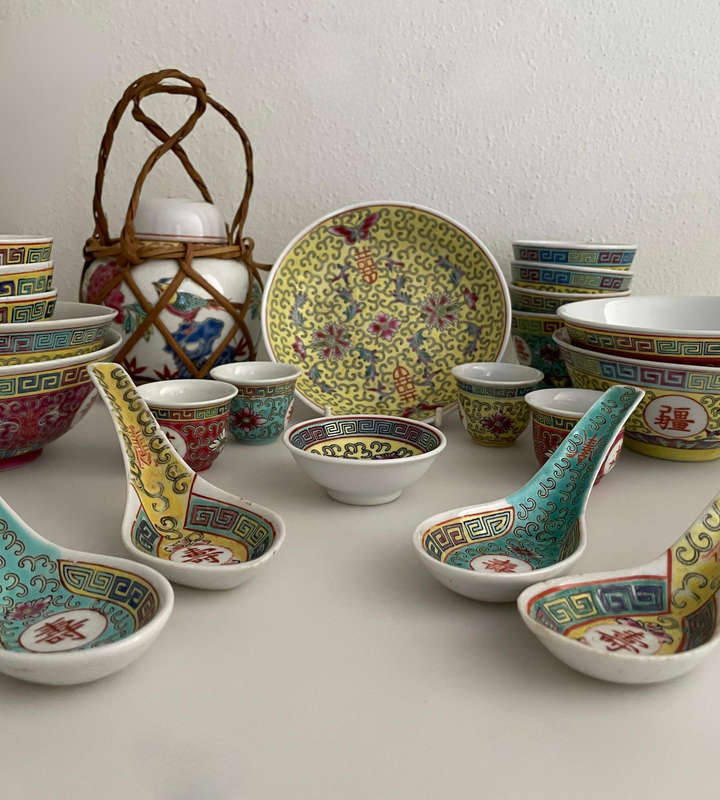 Vintage Famille Rose Mun Shou Longevity Porcelain Mixed Set  (22 Pieces)