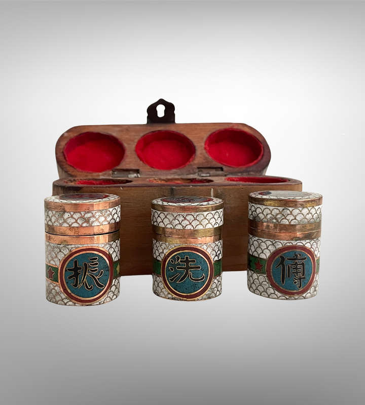 Super Rare Catholic Holy Oil Stock Set with Cloisonné Holders  Museum Display Match