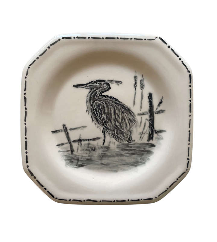 HERON Minimalist Zen Art Wall Plate by Clive, 2002  Hand-Painted Ceramic, Squarish Octagonal Shape