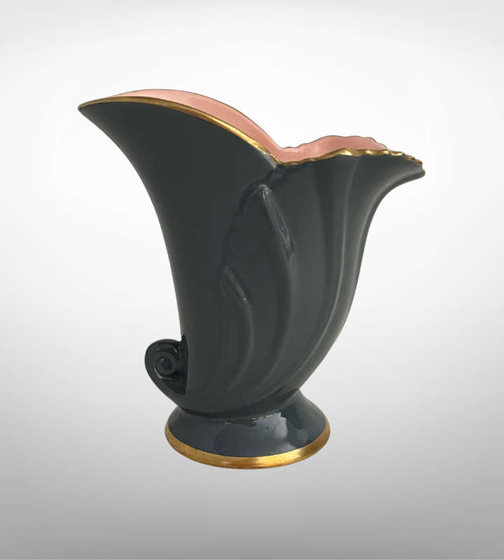 Vintage Carlton Ware Small Shell-Shaped Vase  Grey with Gold Trim & Pink Interior (1979)