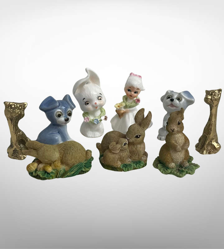 9-Piece Vintage Miniature Collectible Figurines  Napcoware, Brass Cats, Bunny & Dog Figurines