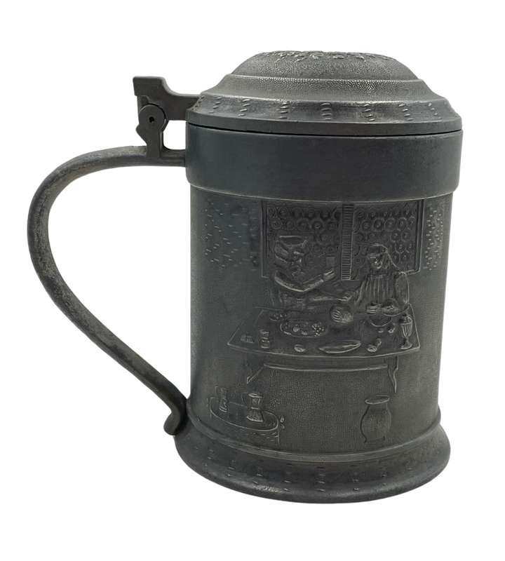 Vintage 1950s European Pewter Tankard with Flat Lid and Raised Relief Scenes  Angel Quality Mark