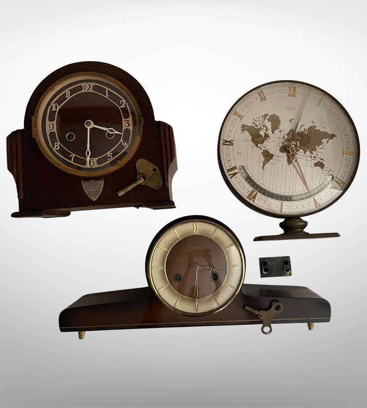 Lot of 3  Clocks  British 10-Day Striking Mantel Clock, Hermle Art Deco Mantel Clock, Hermle Art De