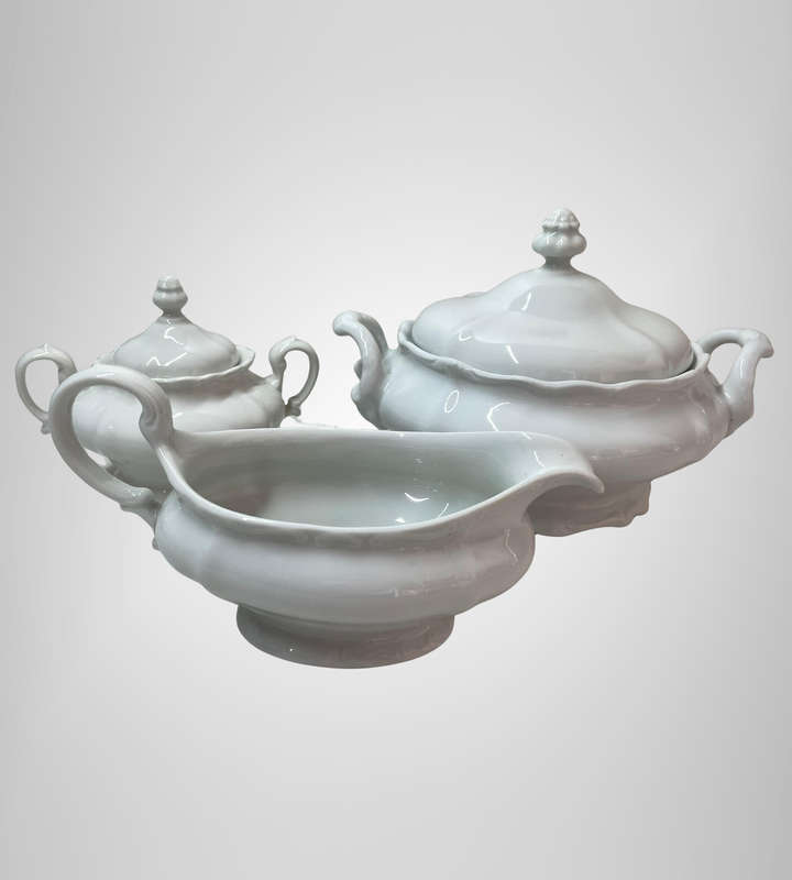 Elegant White Tureen, Gravy Boat & Sugar Bowl Set  Unmarked  French Provincial & German Bavarian S