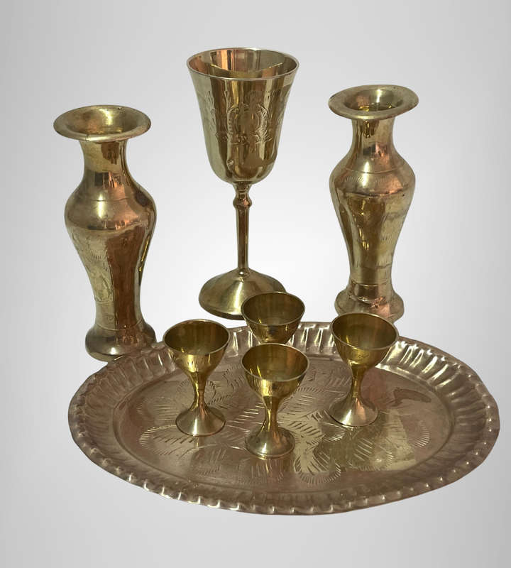 8-Piece Vintage Brass Set  Made in India  Includes Vases, Goblets & Tray  Approx. 12cm Vases
