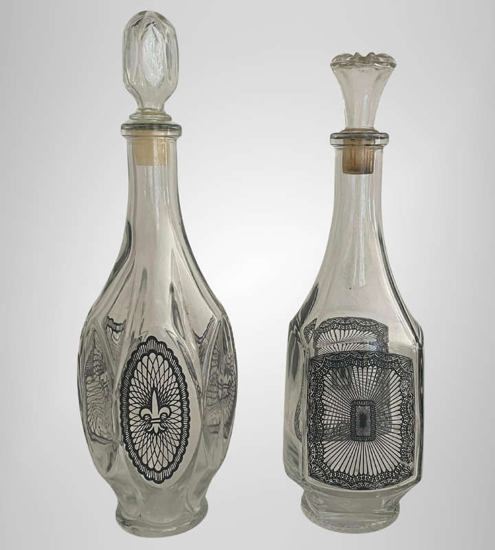 MCM Pair of Vintage Belgian Glass Carafe Bottles with Stoppers  0.75L & 0.5L  Retro Barware Décor