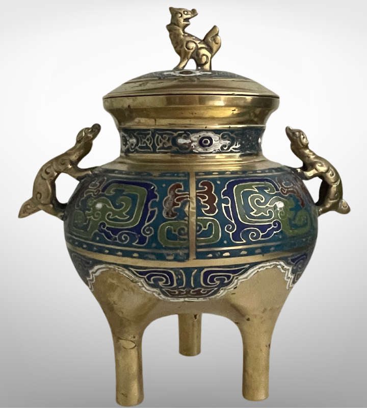 Antique Chinese Cloisonné Brass Tripod Censer with Foo Dog Finials  Qing Dynasty Reign Mark, Possib