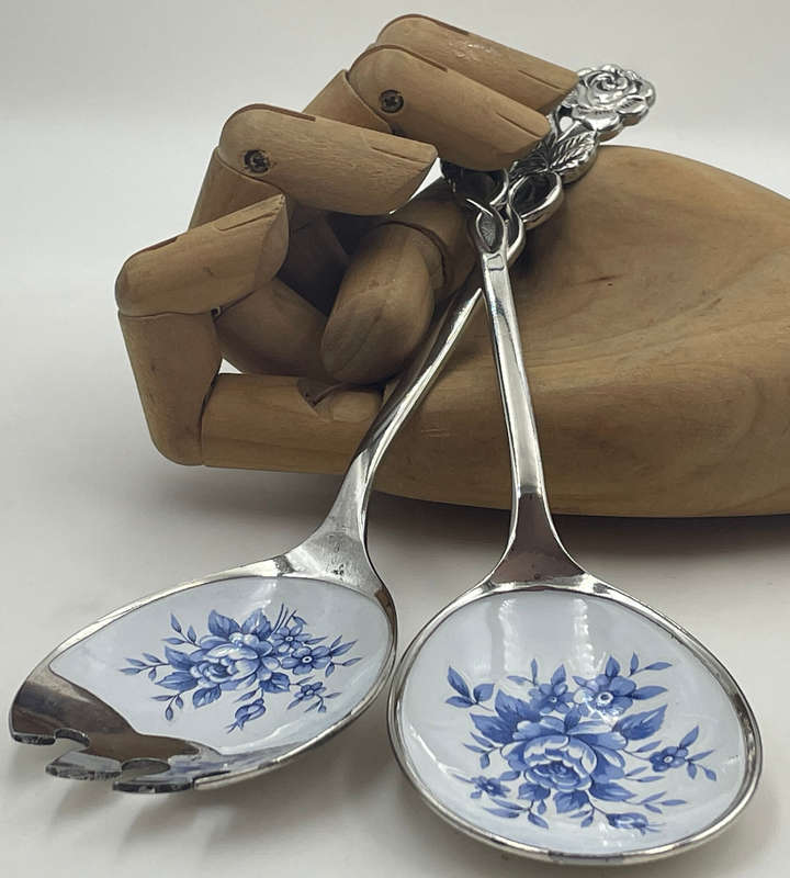 Vintage Salad Serving Spoon Set with Blue and White Cloisonné Enamel Rose Design
