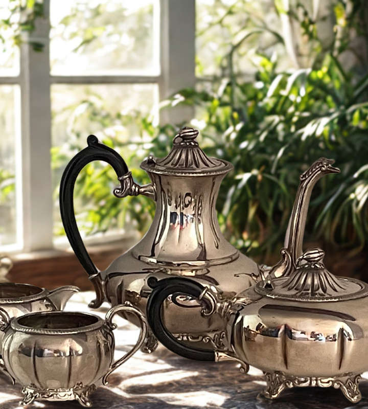 Vintage Oneida Melon Silver Tea Set  4 Piece | Coffee & Teapot | Bakelite Handles | SP on Copper