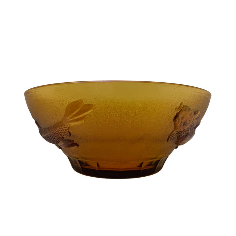 Large 26cm Amber Glass Salad Bowl with Koi Fish, Embossed, Amber Large Serving Bowl, Depression Glas