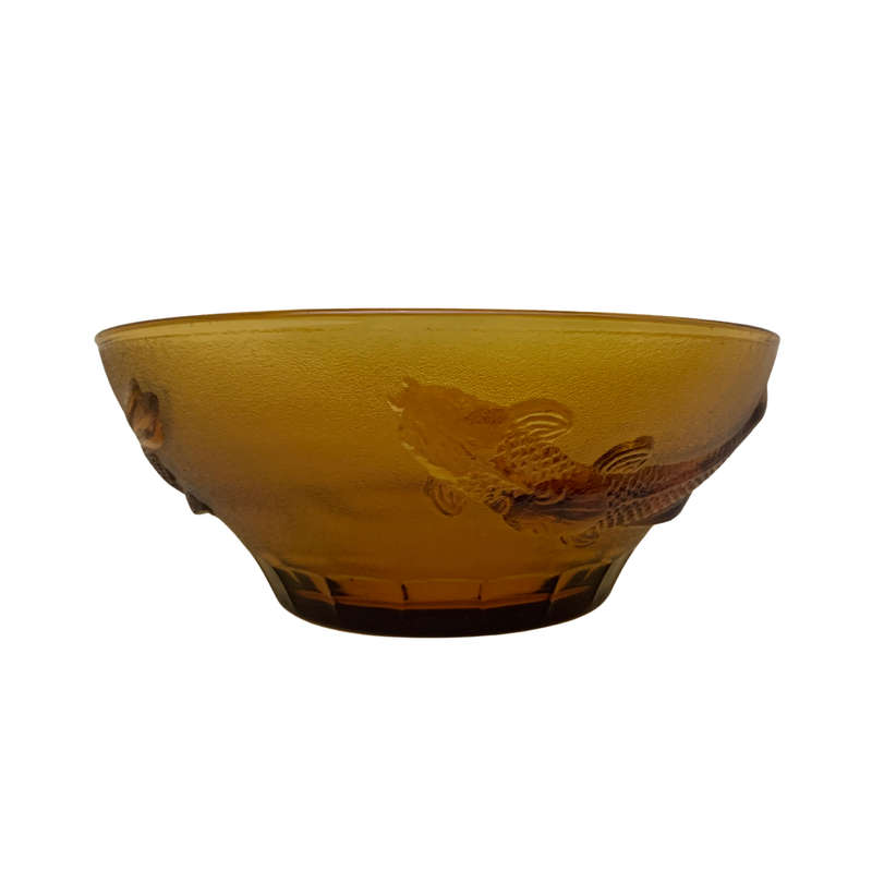 Large 26cm Amber Glass Salad Bowl with Koi Fish, Embossed, Amber Large Serving Bowl, Depression Glas