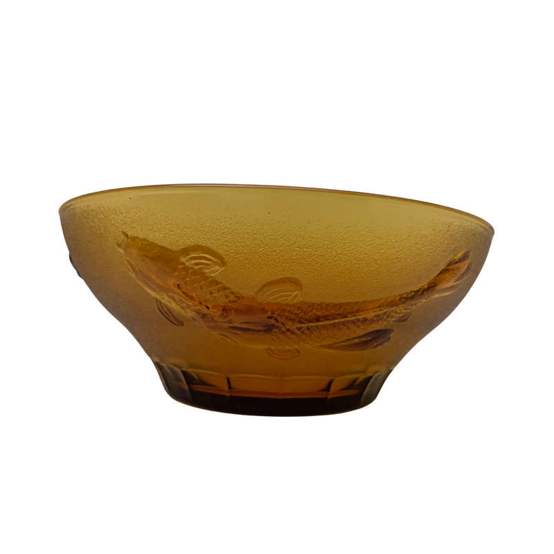 Large 26cm Amber Glass Salad Bowl with Koi Fish, Embossed, Amber Large Serving Bowl, Depression Glas